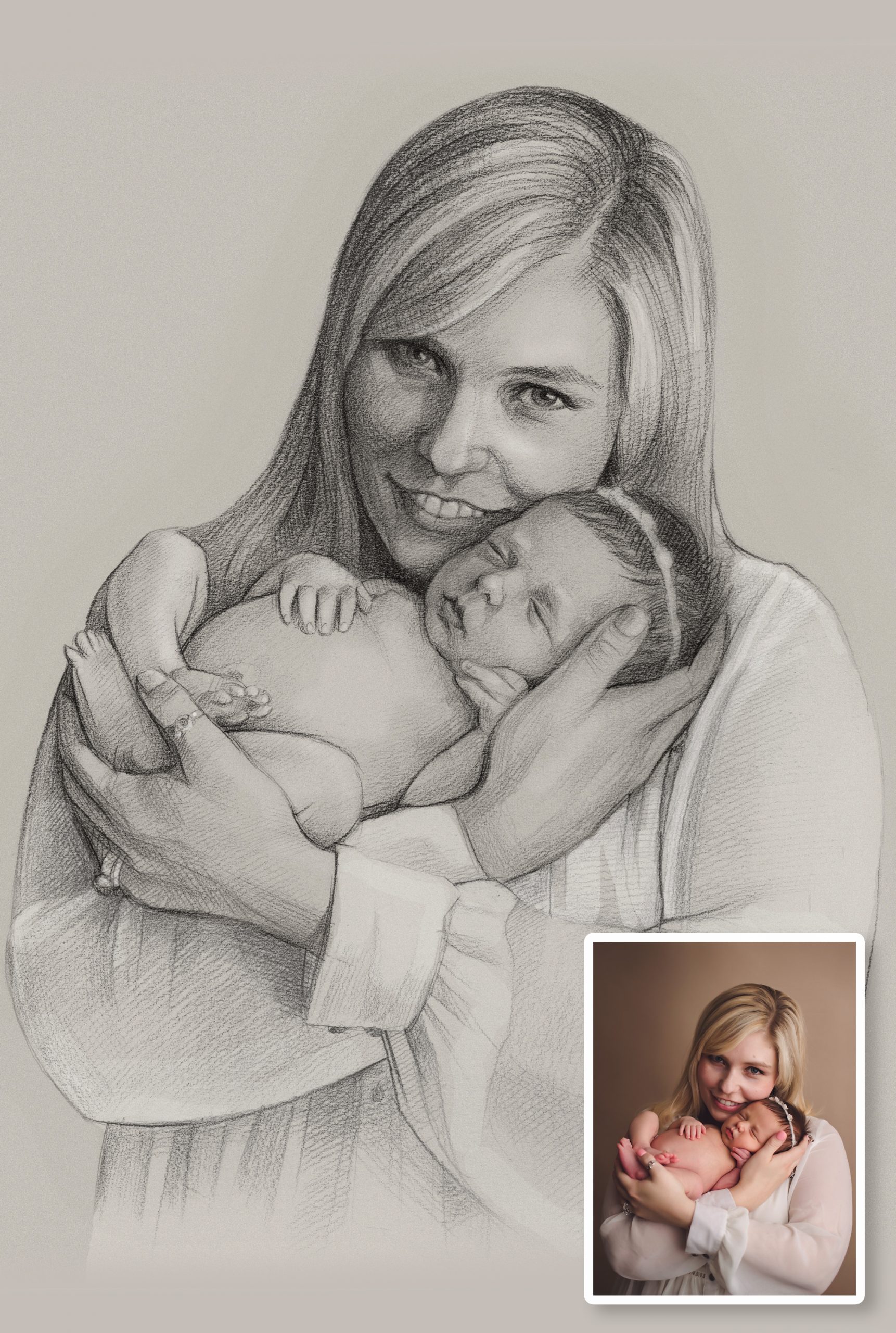 Custom Mother and Baby Portrait, Hand Drawn Custom Portrait, Baby