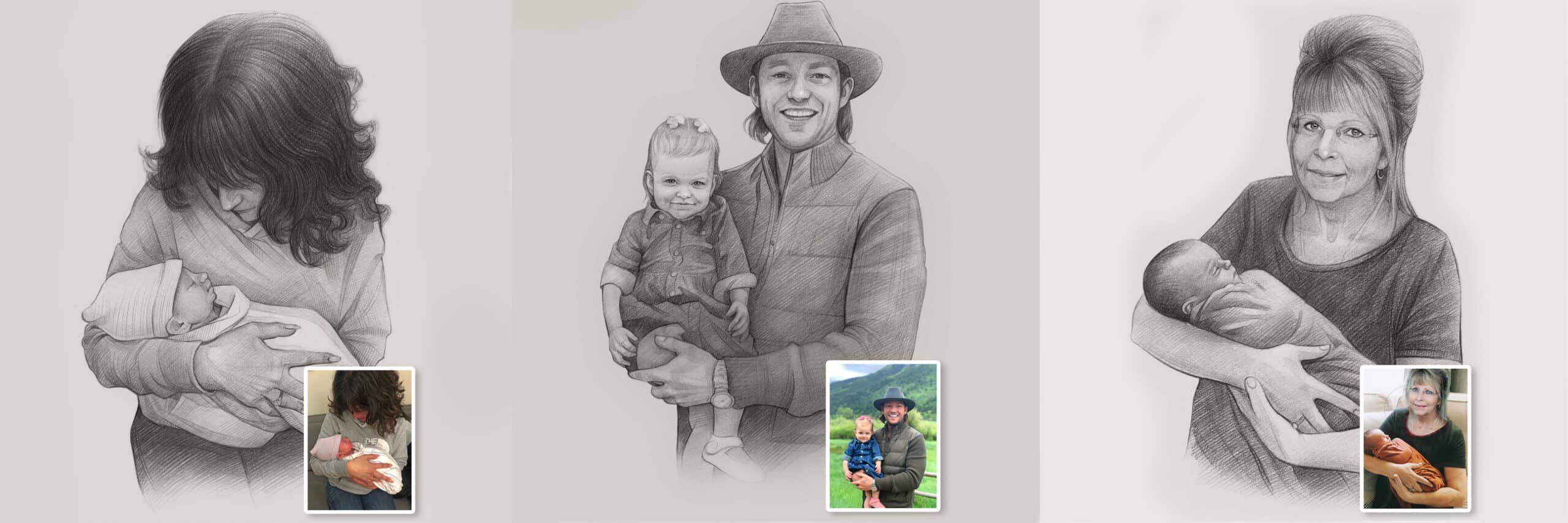 Hand Drawn Personalised Mother and Baby Portraits in Pencil